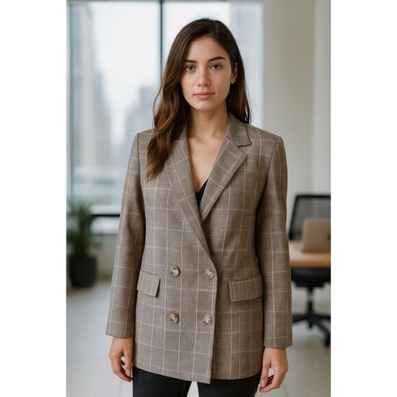 ENOR Womens Beige Plaid Double Breasted Blazer F  Career Office Chic Look - Picture 1 of 16